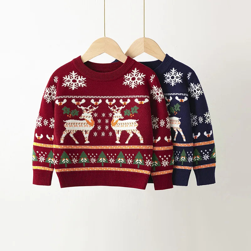 2024 Christmas Sweatshirts Winter Boy Girl Print Knit Sweater Pullover Cotton Clothes Autumn Kids Slouchy Soft Clothing Knitwear