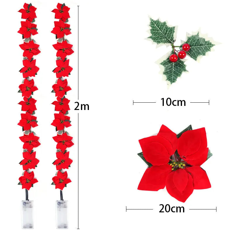 Poinsettia Christmas Flowers Garland String Lights Xmas Tree Ornaments Indoor/Outdoor Party Decor Christmas Decoration Navidad