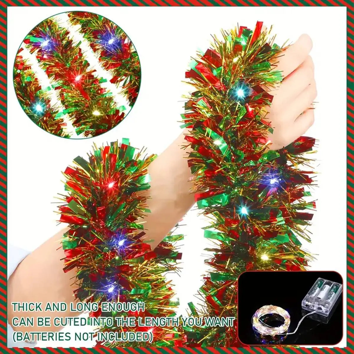 1pc Christmas Tinsel Garland Metallic Shiny Garland with LED Lights Christmas Tree Garland Thick Hanging Suitable for Home Decor