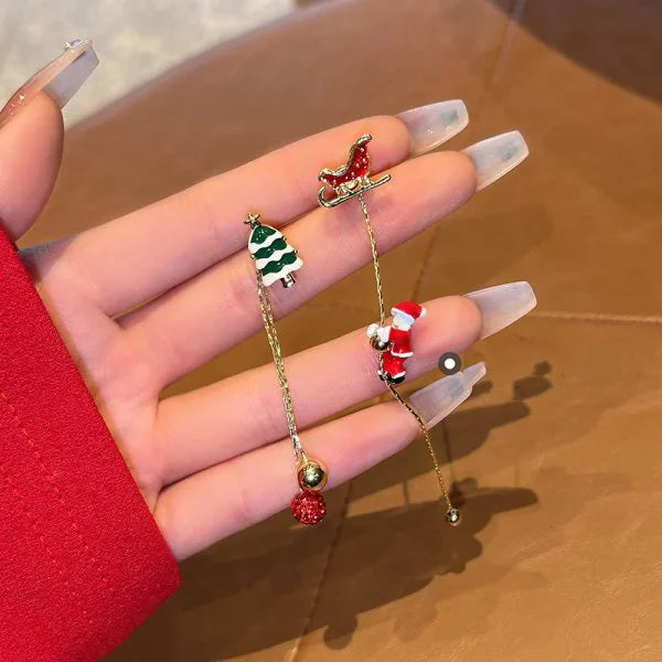 New Design Moving Santa Claus Tassel Dangle Earrings for Women Christmas Tree Snowflake Asymmetric Long Earring New Year Jewelry
