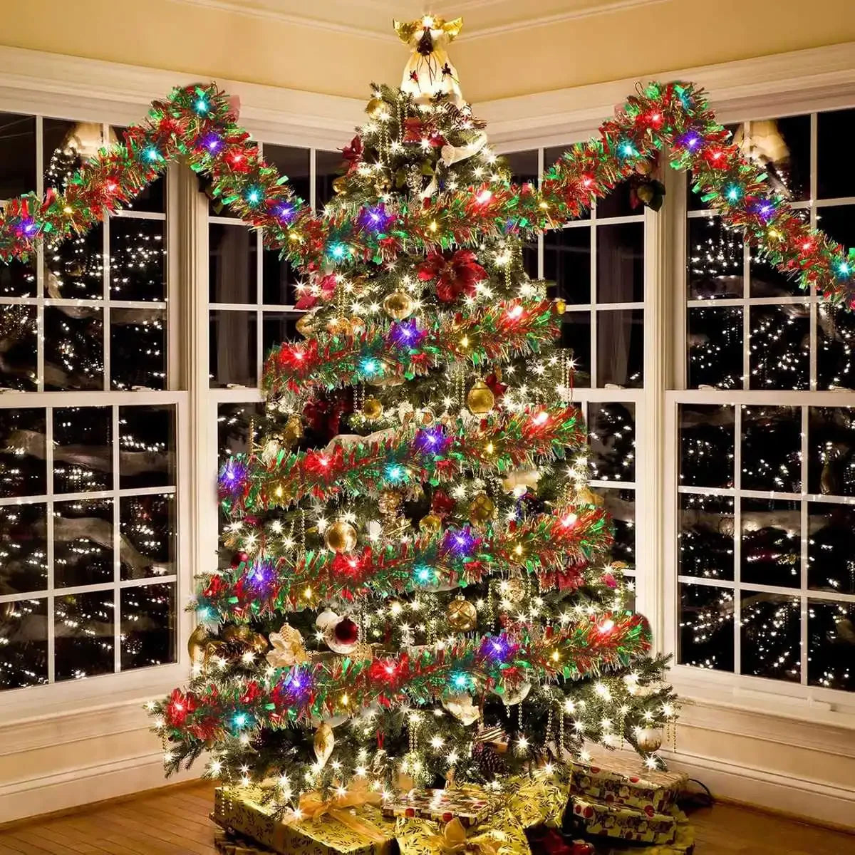 1pc Christmas Tinsel Garland Metallic Shiny Garland with LED Lights Christmas Tree Garland Thick Hanging Suitable for Home Decor