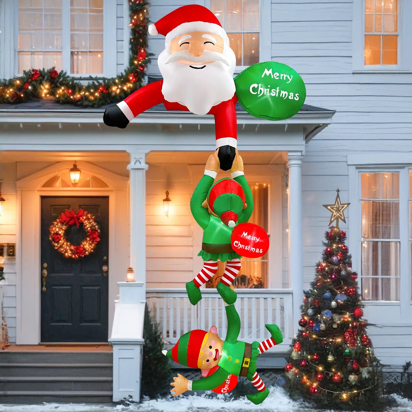 8FT Christmas Inflatables Decor, Climbing Santa Claus with Reindeer & Snowman/Elves, Xmas Decor for Beam Roof Tree Indoor Party