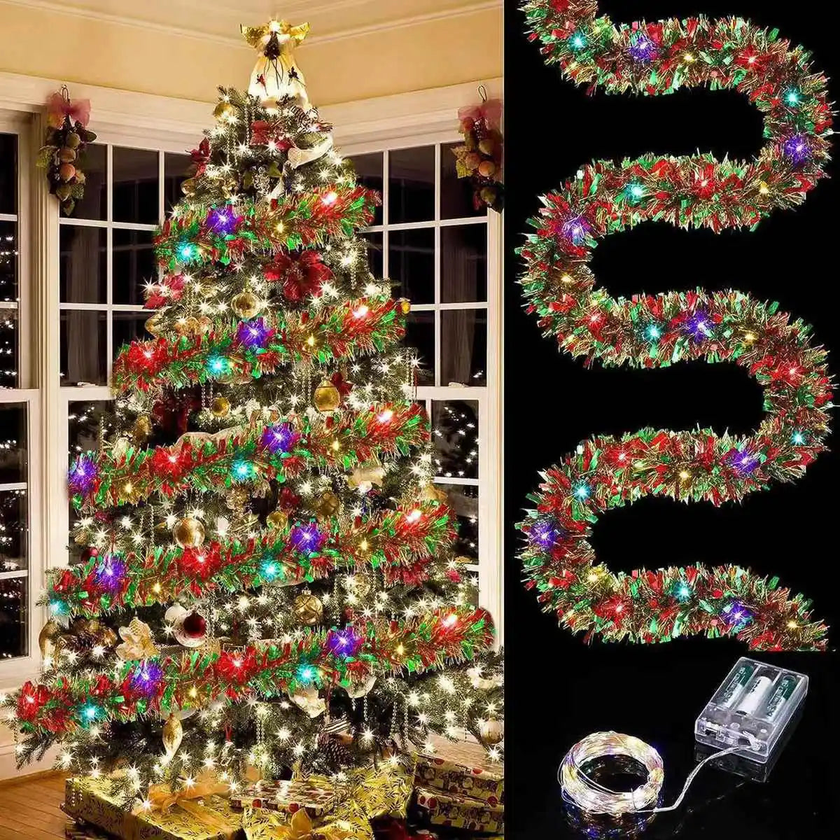 1pc Christmas Tinsel Garland Metallic Shiny Garland with LED Lights Christmas Tree Garland Thick Hanging Suitable for Home Decor