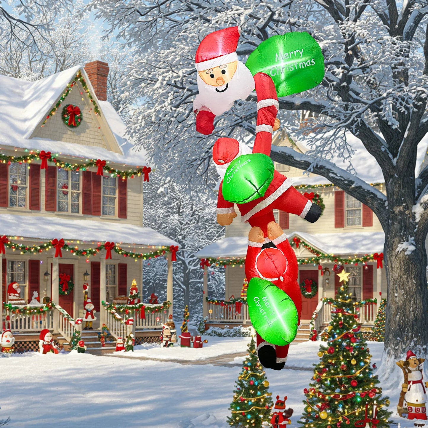 8FT Christmas Inflatables Decor, Climbing Santa Claus with Reindeer & Snowman/Elves, Xmas Decor for Beam Roof Tree Indoor Party