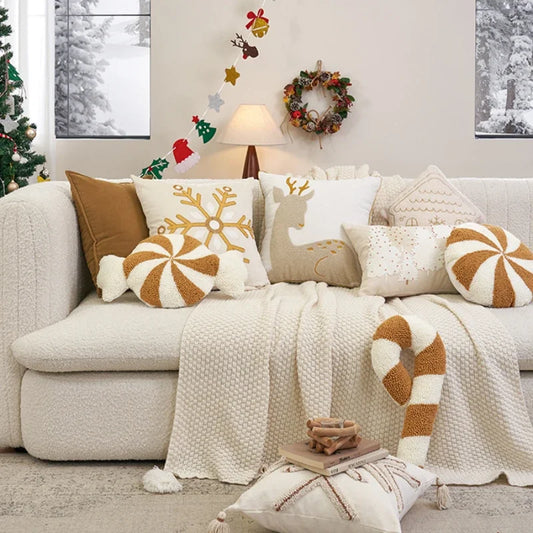 Christmas Cushion Tree Sugar Candy Cane Milu Deer Beige Gold Pillow Cover for Home Decoration Soft Tufted Embroidered