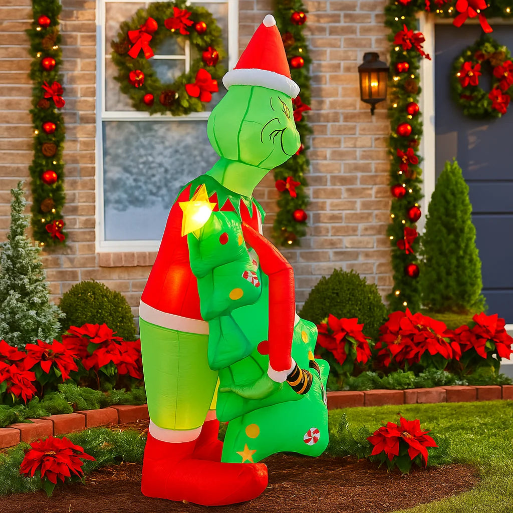 2.1M/6.8FT Grinch Holding Christmas Tree Inflatable Model Christmas Decor LED Lights Holiday Outdoor Decor Home Yard Party Toy